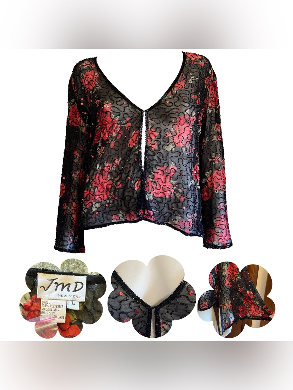 NWT 100% Hand Made Beaded Black Mesh Rose Top w/ Side Slit Bell Sleeves